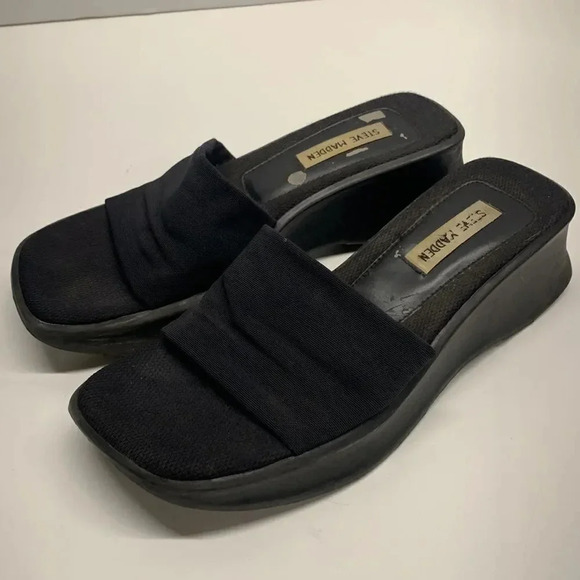 Steve Madden Chonky Sandal Wedges Shoes Slip On Open Toe VTG Y2K 90's Black 7.5 - Picture 1 of 9